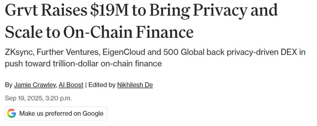 CoinDesk Review Insights For Grvt: Funding, Privacy, and Institutional Scaling